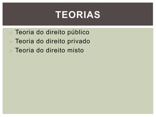 TEORIAS
◻ Teoria do direito público
◻ Teoria do direito privado
◻ Teoria do direito misto
 