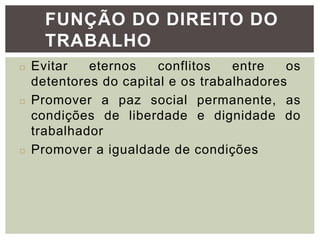 FUNÇÃO DO DIREITO DO
TRABALHO
◻ Evitar eternos conflitos entre os
detentores do capital e os trabalhadores
◻ Promover a paz social permanente, as
condições de liberdade e dignidade do
trabalhador
◻ Promover a igualdade de condições
 