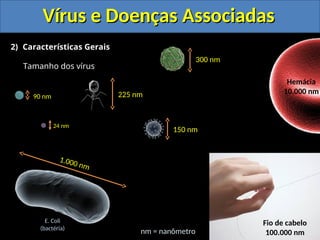 Vírus e Doenças Associadas
Vírus e Doenças Associadas
2) Características Gerais
Tamanho dos vírus
Tamanho dos vírus
225 nm
300 nm
1.000 nm
90 nm
150 nm
E. Coli
(bactéria)
24 nm
nm = nanômetro
Fio de cabelo
100.000 nm
Hemácia
10.000 nm
 