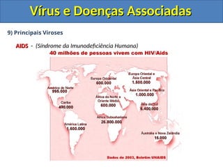 Vírus e Doenças Associadas
Vírus e Doenças Associadas
9) Principais Viroses
AIDS
AIDS - (Síndrome da Imunodeficiência Humana)
 