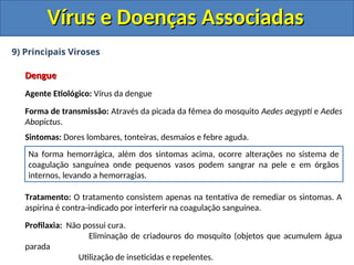 Vírus e Doenças Associadas
Vírus e Doenças Associadas
9) Principais Viroses
Dengue
Dengue
Agente Etiológico: Vírus da dengue
Forma de transmissão: Através da picada da fêmea do mosquito Aedes aegypti e Aedes
Abopictus.
Sintomas: Dores lombares, tonteiras, desmaios e febre aguda.
Tratamento: O tratamento consistem apenas na tentativa de remediar os sintomas. A
aspirina é contra-indicado por interferir na coagulação sanguínea.
Profilaxia: Não possui cura.
Eliminação de criadouros do mosquito (objetos que acumulem água
parada
Utilização de inseticidas e repelentes.
Na forma hemorrágica, além dos sintomas acima, ocorre alterações no sistema de
coagulação sanguínea onde pequenos vasos podem sangrar na pele e em órgãos
internos, levando a hemorragias.
 