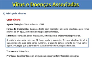 Vírus e Doenças Associadas
Vírus e Doenças Associadas
9) Principais Viroses
Gripe Aviária
Gripe Aviária
Agente Etiológico: Vírus Influenza H5N1
Forma de transmissão: Contato direto com secreções de aves infectadas pelo vírus
através do ar, água, alimentos ou roupas contaminadas.
Sintomas: Febre alta, dores musculares, dificuldades e problemas respiratórios.
Tratamento: Não existe.
Profilaxia: Sacrificar todos os animais que possam estar infectadas pelo vírus.
A maioria das aves morrem 24 horas após o contágio. O vírus atualmente só é
transmitido de aves para seres humanos. O grande perigo consiste no vírus sofrer
alguma mutação que o permita ser transmitido de humano para humano.
 