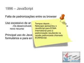 1996 – JavaScript
Falta de padronizações entre os browser
Uso excessivo de animações com JavaScript
Tempos depois ...
○Os

desenvolvedoresNetscape apresentou o
ainda não sabiam utilizar este
JavaScript para ECMA
novo recurso

International para a
padronização resultando na
Principal uso do JavaScript era na validação de
versão padronizada chamado
ECMAScript.
formulários e para enviar alertas ao usuários

 