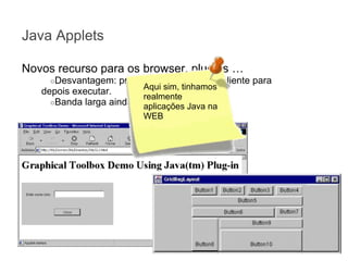 Java Applets
Novos recurso para os browser, plugins …
○Desvantagem:

precisavam carregar no cliente para

Aqui sim, tinhamos
depois executar.
realmente
○Banda larga ainda era pouco acessível
aplicações Java na
WEB

 