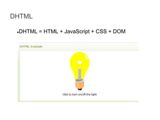 DHTML
DHTML = HTML + JavaScript + CSS + DOM

●

 