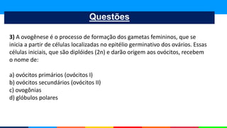 Questões
3) A ovogênese é o processo de formação dos gametas femininos, que se
inicia a partir de células localizadas no epitélio germinativo dos ovários. Essas
células iniciais, que são diplóides (2n) e darão origem aos ovócitos, recebem
o nome de:
a) ovócitos primários (ovócitos I)
b) ovócitos secundários (ovócitos II)
c) ovogônias
d) glóbulos polares
 