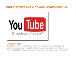 ONLINE ADVERTISING & COMMUNICATION TIMELINE




Better: 2001-2005
Reboot da web; second life; investimento pesado em redes sociais e
consumer generated media; hotsites funcionais e realmente interativos;
YouTube (2005); fimes interativos; a web começa desenhar a sua “cara”
 