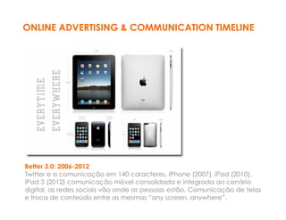 ONLINE ADVERTISING & COMMUNICATION TIMELINE




Better 3.0: 2006-2012
Twitter e a comunicação em 140 caracteres, iPhone (2007), iPad (2010),
iPad 3 (2012) comunicação móvel consolidada e integrada ao cenário
digital, as redes sociais vão onde as pessoas estão. Comunicação de telas
e troca de conteúdo entre as mesmas “any screen, anywhere”.
 