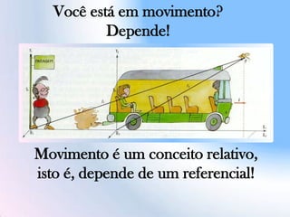 Você está em movimento?
Depende!
Movimento é um conceito relativo,
isto é, depende de um referencial!
 