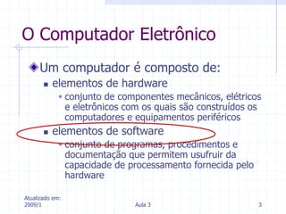 Atualizado em:
2009/1 Aula 3 3
O Computador Eletrônico
Um computador é composto de:
 elementos de hardware
 conjunto de componentes mecânicos, elétricos
e eletrônicos com os quais são construídos os
computadores e equipamentos periféricos
 elementos de software
 conjunto de programas, procedimentos e
documentação que permitem usufruir da
capacidade de processamento fornecida pelo
hardware
 