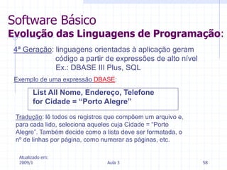 Atualizado em:
2009/1 Aula 3 58
4ª Geração: linguagens orientadas à aplicação geram
código a partir de expressões de alto nível
Ex.: DBASE III Plus, SQL
Tradução: lê todos os registros que compõem um arquivo e,
para cada lido, seleciona aqueles cuja Cidade = “Porto
Alegre”. Também decide como a lista deve ser formatada, o
nº de linhas por página, como numerar as páginas, etc.
Software Básico
Evolução das Linguagens de Programação:
Exemplo de uma expressão DBASE:
List All Nome, Endereço, Telefone
for Cidade = “Porto Alegre”
 