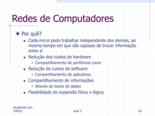 Atualizado em:
2009/1 Aula 3 62
Redes de Computadores
Por quê?
 Cada micro pode trabalhar independente dos demais, ao
mesmo tempo em que são capazes de trocar informação
entre si
 Redução dos custos de hardware
 Compartilhamento de periféricos caros
 Redução de custos de software
 Compartilhamento de aplicativos
 Compartilhamento de informações
 Através de bases de dados
 Flexibilidade de expansão física e lógica
 
