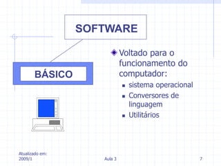 Atualizado em:
2009/1 Aula 3 7
Voltado para o
funcionamento do
computador:
 sistema operacional
 Conversores de
linguagem
 Utilitários
SOFTWARE
BÁSICO
 