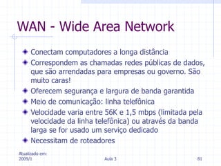 Atualizado em:
2009/1 Aula 3 81
WAN - Wide Area Network
Conectam computadores a longa distância
Correspondem as chamadas redes públicas de dados,
que são arrendadas para empresas ou governo. São
muito caras!
Oferecem segurança e largura de banda garantida
Meio de comunicação: linha telefônica
Velocidade varia entre 56K e 1,5 mbps (limitada pela
velocidade da linha telefônica) ou através da banda
larga se for usado um serviço dedicado
Necessitam de roteadores
 