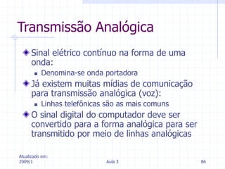 Atualizado em:
2009/1 Aula 3 86
Transmissão Analógica
Sinal elétrico contínuo na forma de uma
onda:
 Denomina-se onda portadora
Já existem muitas mídias de comunicação
para transmissão analógica (voz):
 Linhas telefônicas são as mais comuns
O sinal digital do computador deve ser
convertido para a forma analógica para ser
transmitido por meio de linhas analógicas
 
