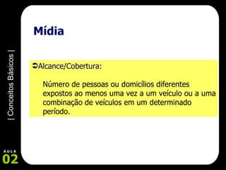 Mídia Alcance/Cobertura: Número de pessoas ou domicílios diferentes expostos ao menos uma vez a um veículo ou a uma combinação de veículos em um determinado período.  