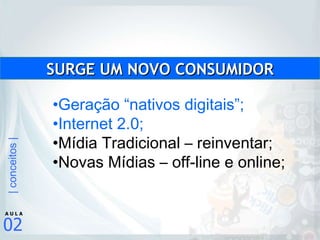SURGE UM NOVO CONSUMIDOR Geração “nativos digitais”; Internet 2.0; Mídia Tradicional – reinventar; Novas Mídias – off-line e online; 