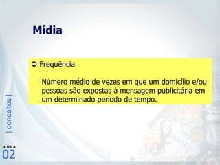 Mídia    Frequência Número médio de vezes em que um domicílio e/ou pessoas são expostas à mensagem publicitária em um determinado período de tempo.   