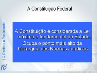 A Constituição Federal A Constituição é considerada a Lei máxima e fundamental do Estado.  Ocupa o ponto mais alto da hierarquia das Normas Jurídicas.   