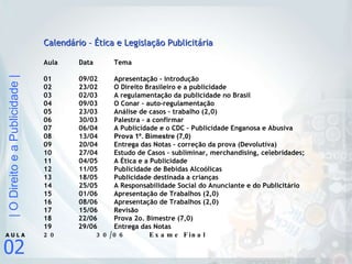 Calendário – Ética e Legislação Publicitária Aula  Data Tema 01 09/02 Apresentação - introdução 02 23/02 O Direito Brasileiro e a publicidade 03 02/03 A regulamentação da publicidade no Brasil 04 09/03 O Conar – auto-regulamentação 05 23/03 Análise de casos – trabalho (2,0) 06 30/03 Palestra – a confirmar 07 06/04 A Publicidade e o CDC – Publicidade Enganosa e Abusiva 08 13/04 Prova 1º. Bimestre (7,0) 09 20/04 Entrega das Notas – correção da prova (Devolutiva) 10 27/04 Estudo de Casos – subliminar, merchandising, celebridades; 11 04/05 A Ética e a Publicidade 12 11/05 Publicidade de Bebidas Alcoólicas 13 18/05 Publicidade destinada a crianças 14 25/05 A Responsabilidade Social do Anunciante e do Publicitário 15  01/06 Apresentação de Trabalhos (2,0) 16  08/06 Apresentação de Trabalhos (2,0) 17  15/06 Revisão 18  22/06 Prova 2o. Bimestre (7,0) 19  29/06 Entrega das Notas 20  30/06 Exame Final 