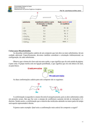 Universidade Federal do Ceará
Centro de Ciências
Departamento de Química Orgânica e Inorgânica
Prof. Dr. José Nunes da Silva Júnior
11
Cicloexanos Dissubstituídos
Ao desenhar conformações cadeira de um composto que tem dois ou mais substituintes, há um
cuidado adicional. Especificamente, devemos também considerar a orientação tridimensional, ou
configuração, de cada substituinte.
Observe que o átomo de cloro está em uma cunha, o que significa que ele está saindo da página:
é para cima. O grupo metila está em ligação pontilhada, o que significa que ele está abaixo do anel,
ou para baixo.
As duas conformações cadeira para este composto são os seguintes:
A conformação à esquerda é a menos favorável energeticamente, pois os dois substiuintes estão
em posições axiais, fato que faz com a energia do confôrmero aumente devido às interações 1,3-
diaxiais. Sendo assim, a conformação que a maioria das moléculas adotarão na maior parte do tempo
será aquela representada à direita.
Vejamos outro exemplo. Qual seria a conformação mais estável do composto a seguir?
 