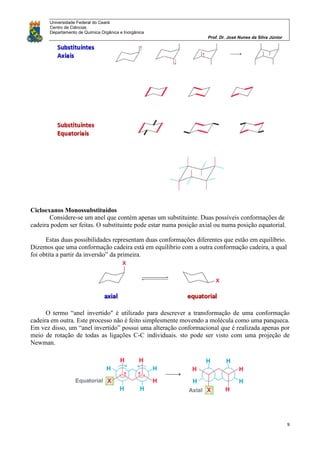 Universidade Federal do Ceará
Centro de Ciências
Departamento de Química Orgânica e Inorgânica
Prof. Dr. José Nunes da Silva Júnior
9
Cicloexanos Monossubstituídos
Considere-se um anel que contém apenas um substituinte. Duas possíveis conformações de
cadeira podem ser feitas. O substituinte pode estar numa posição axial ou numa posição equatorial.
Estas duas possibilidades representam duas conformações diferentes que estão em equilíbrio.
Dizemos que uma conformação cadeira está em equilíbrio com a outra conformação cadeira, a qual
foi obtita a partir da inversão” da primeira.
O termo “anel invertido" é utilizado para descrever a transformação de uma conformação
cadeira em outra. Este processo não é feito simplesmente movendo a molécula como uma panqueca.
Em vez disso, um “anel invertido” possui uma alteração conformacional que é realizada apenas por
meio de rotação de todas as ligações C-C individuais. sto pode ser visto com uma projeção de
Newman.
 