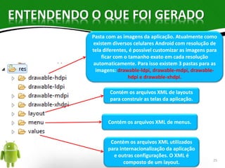 ENTENDENDO O QUE FOI GERADO 
Pasta com as imagens da aplicação. Atualmente como 
existem diversos celulares Android com resolução de 
tela diferentes, é possível customizar as imagens para 
ficar com o tamanho exato em cada resolução 
automaticamente. Para isso existem 3 pastas para as 
imagens: drawable-ldpi, drawable-mdpi, drawable-hdpi 
e drawable-xhdpi. 
Contém os arquivos XML de layouts 
para construir as telas da aplicação. 
Contém os arquivos XML de menus. 
Contém os arquivos XML utilizados 
para internacionalização da aplicação 
e outras configurações. O XML é 
composto de um layout. 
25 
 