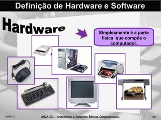 10/03/11 AULA 02 -  Arquitetura e Conceitos Básicos Computacionais   Hardware Simplesmente é a parte física  que compõe o computador. 