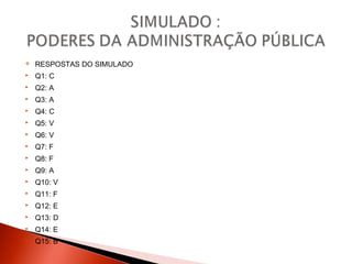  RESPOSTAS DO SIMULADO
 Q1: C
 Q2: A
 Q3: A
 Q4: C
 Q5: V
 Q6: V
 Q7: F
 Q8: F
 Q9: A
 Q10: V
 Q11: F
 Q12: E
 Q13: D
 Q14: E
 Q15: B
 