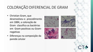 COLORAÇÃO DIFERENCIAL DE GRAM
• Christian Gram, que
desenvolveu o procedimento
em 1884, a coloração de
Gram classifica as bactérias
em Gram-positivas ou Gram-
negativas
• Diferenças na composição da
parede celular
 