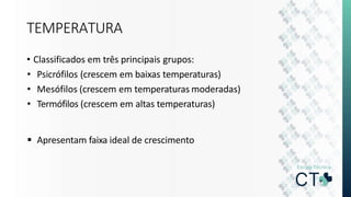 TEMPERATURA
• Classificados em três principais grupos:
• Psicrófilos (crescem em baixas temperaturas)
• Mesófilos (crescem em temperaturas moderadas)
• Termófilos (crescem em altas temperaturas)
 Apresentam faixa ideal de crescimento
 