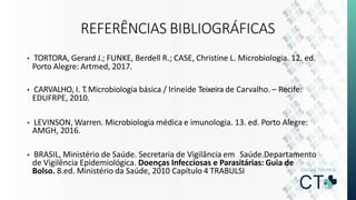 REFERÊNCIAS BIBLIOGRÁFICAS
• TORTORA, Gerard J.; FUNKE, Berdell R.; CASE, Christine L. Microbiologia. 12. ed.
Porto Alegre: Artmed, 2017.
• CARVALHO, I. T.Microbiologia básica / Irineide Teixeira de Carvalho. – Recife:
EDUFRPE, 2010.
• LEVINSON, Warren. Microbiologia médica e imunologia. 13. ed. Porto Alegre:
AMGH, 2016.
• BRASIL, Ministério de Saúde. Secretaria de Vigilância em Saúde.Departamento
de Vigilência Epidemiológica. Doenças Infecciosas e Parasitárias: Guia de
Bolso. 8.ed. Ministério da Saúde, 2010 Capítulo 4 TRABULSI
 