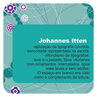 Johannes Itten
     -aplicação da tipografia futurista,
- sonoridade representada na escrita.
            -Hibridismo de tipografias:
     leve e o pesado, tipos vitorianos
  com ornamentos intercalados tipos
             mais leves e sem serifas.
       -O espaço em branco era visto
      como o complemento da leitura.
 