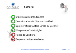 Sumário


1. Objetivos de aprendizagem
2. Conceito: Custeio Direto ou Variável
                                   á
   Características Custeio Direto ou Variável
3. Características Custeio Direto ou Variável
4. Margem de Contribuição
5. Ponto de Equilíbrio
           d       i di
6. Esquema do Custeio direto


        D02 ‐ Treinamento e Implantação de Sistemas de Custeio ‐ CALCULA   17/3/2009   115
 