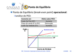 5.  Ponto de Equilíbrio
Ponto de Equilíbrio (break‐even point) operacional:
→análise do PEO:
   ál d
       Aumento em:                                  Efeito sobre PEO:
       Custo Op Fixo (CF)                                 Aumento
       Preço de venda (P ou RV)                          Diminuição
       Custo Op Variável (CV)                             Aumento

                                                         Receita de vendas

                                                                          CV

                                               Ponto de equilíbrio operacional




       D02 ‐ Treinamento e Implantação de Sistemas de Custeio ‐ CALCULA           17/3/2009   118
 