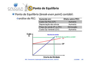 5.  Ponto de Equilíbrio
Ponto de Equilíbrio (break‐even point) contábil:
→análise do PEC:
   ál d                            Aumento em:                                Efeito sobre PEC:
                                   Custo Op Fixo (CF)                               Aumento
                                   Depreciação dos ativos                           Aumento
                                   Preço de venda (P ou RV)                        Diminuição
                                   Custo Op Variável (CV)                           Aumento

                                                  Receita de vendas
                                                                    Ponto de equilíbrio contábil
                                                                           CV




        D02 ‐ Treinamento e Implantação de Sistemas de Custeio ‐ CALCULA                      17/3/2009   120
 