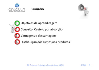 Sumário


1. Objetivos de aprendizagem
2. Conceito: Custeio por absorção
3. Vantagens e desvantagens
3 V t          d     t
4. Distribuição dos custos aos produtos
   Distribuição dos custos aos produtos




        D02 ‐ Treinamento e Implantação de Sistemas de Custeio ‐ CALCULA   17/3/2009   35
 