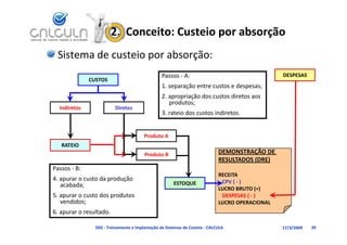 2.  Conceito: Custeio por absorção
 Sistema de custeio por absorção:
                                                 Passos ‐ A:                                     DESPESAS
              CUSTOS
                                                 1. separação entre custos e despesas;
                                                 2. apropriação dos custos diretos aos 
                                                 2        i ã d        t di t
                                                    produtos;
  Indiretos              Diretos
                                                 3. rateio dos custos indiretos.


                                        Produto A
   RATEIO
                                        Produto B                            DEMONSTRAÇÃO DE 
                                                                             DEMONSTRAÇÃO DE
                                                                             RESULTADOS (DRE)
Passos ‐ B:
                                                                             RECEITA
4. apurar o custo da produção 
4 apurar o custo da produção                                                  CPV ( ‐ )
   acabada;                                            ESTOQUE
                                                                             LUCRO BRUTO (=)
5. apurar o custo dos produtos                                                DESPESAS ( ‐ )
   vendidos;                                                                 LUCRO OPERACIONAL
6. apurar o resultado.

                D02 ‐ Treinamento e Implantação de Sistemas de Custeio ‐ CALCULA                 17/3/2009   39
 