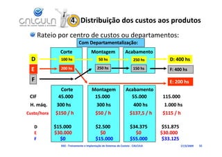 4.  Distribuição dos custos aos produtos
       Rateio por centro de custos ou departamentos:
                             Com Departamentalização:
                             Com Departamentalização:
                Corte                  Montagem                   Acabamento
  D             100 hs
                100 hs                       50 hs
                                             50 hs                      250 hs
                                                                        250 hs             D: 400 hs
                                                                                           D: 400 hs
  E             200 hs                      250 hs                      150 hs             F: 400 hs

  F                                                                                        E: 200 hs
                Corte                   Montagem                  Acabamento
 CIF           45.000
               45 000                    15.000
                                         15 000                     55.000
                                                                    55 000              115.000
                                                                                        115 000
 H. máq.        300 hs                     300 hs                       400 hs          1.000 hs
Custo/hora    $150 / h
              $150 / h                    $50 / h
                                          $50 / h                    $137,5 / h         $115 / h
                                                                     $137,5 / h         $115 / h

   D         $15.000                       $2.500                     $34.375            $51.875
   E         $30.000
             $30 000                         $0                         $0                $30.000
                                                                        $0                $30 000
   F           $0                          $15.000                    $55.000            $33.125
                D02 ‐ Treinamento e Implantação de Sistemas de Custeio ‐ CALCULA                    17/3/2009   55
 