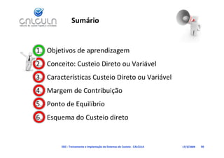 Sumário


1. Objetivos de aprendizagem
2. Conceito: Custeio Direto ou Variável
                                   á
   Características Custeio Direto ou Variável
3. Características Custeio Direto ou Variável
4. Margem de Contribuição
5. Ponto de Equilíbrio
           d       i di
6. Esquema do Custeio direto


        D02 ‐ Treinamento e Implantação de Sistemas de Custeio ‐ CALCULA   17/3/2009   90
 