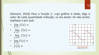 (Stewart, 2016) Para a função 𝑓, cujo gráfico é dado, diga o
valor de cada quantidade indicada, se ela existir. Se não existir,
explique o por quê.
• lim
𝑥→1
𝑓 𝑥 =
• lim
𝑥→3−
𝑓 𝑥 =
• lim
𝑥→3+
𝑓 𝑥 =
• lim
𝑥→3
𝑓 𝑥 =
• 𝑓 3 = https://bit.ly/2xEzV0z
(acesso 09 jul. 2019)
12
 