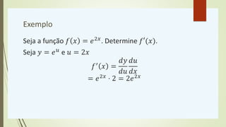 Exemplo
Seja a função 𝑓 𝑥 = 𝑒2𝑥
. Determine 𝑓′(𝑥).
Seja 𝑦 = 𝑒𝑢
e 𝑢 = 2𝑥
𝑓′
𝑥 =
𝑑𝑦
𝑑𝑢
𝑑𝑢
𝑑𝑥
= 𝑒2𝑥
⋅ 2 = 2𝑒2𝑥
 