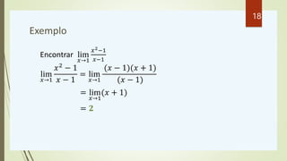 Exemplo
Encontrar lim
𝑥→1
𝑥2−1
𝑥−1
lim
𝑥→1
𝑥2 − 1
𝑥 − 1
= lim
𝑥→1
(𝑥 − 1)(𝑥 + 1)
(𝑥 − 1)
= lim
𝑥→1
(𝑥 + 1)
= 𝟐
18
 