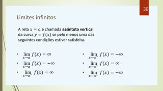 Limites infinitos
• lim
𝑥→𝑎
𝑓(𝑥) = ∞
• lim
𝑥→𝑎
𝑓(𝑥) = −∞
• lim
𝑥→𝑎−
𝑓(𝑥) = ∞
• lim
𝑥→𝑎−
𝑓(𝑥) = −∞
• lim
𝑥→𝑎+
𝑓(𝑥) = ∞
• li...