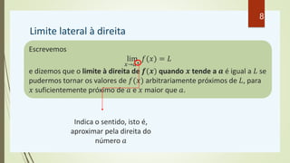 Limite lateral à direita
Escrevemos
lim
𝑥→𝑎+
𝑓(𝑥) = 𝐿
e dizemos que o limite à direita de 𝒇(𝒙) quando 𝒙 tende a 𝒂 é igual ...