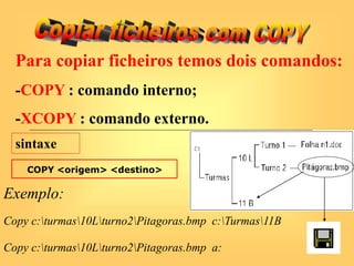 Para copiar ficheiros temos dois comandos:
-COPY : comando interno;
-XCOPY : comando externo.
COPY <origem> <destino>
Exemplo:
Copy c:turmas10Lturno2Pitagoras.bmp c:Turmas11B
Copy c:turmas10Lturno2Pitagoras.bmp a:
sintaxe
 