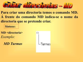 Para criar uma directoria temos o comando MD.
Á frente do comando MD indica-se o nome da
directoria que se pretende criar.
MD <directoria>
Exemplo:
MD Turmas
Sintaxe:
 