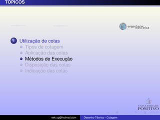 ´
TOPICOS




  1           ¸˜
      Utilizacao de cotas
         Tipos de cotagem
                 ¸˜
         Aplicacao das cotas
            ´              ¸˜
         Metodos de Execucao
                  ¸˜
         Disposicao das cotas
                 ¸˜
         Indicacao das cotas




                   eek.up@hotmail.com            ´
                                        Desenho Tecnico - Cotagem
 