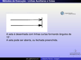 ´              ¸˜
Metodos de Execucao - Linhas Auxiliares e Cotas




          ´                                       ˆ
   A seta e desenhada com linhas curtas formando angulos de
   15 ◦.

   A seta pode ser aberta, ou fechada preenchida.




                     eek.up@hotmail.com            ´
                                          Desenho Tecnico - Cotagem
 