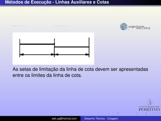 ´              ¸˜
Metodos de Execucao - Linhas Auxiliares e Cotas




                      ¸˜
   As setas de limitacao da linha de cota devem ser apresentadas
   entre os limites da linha de cota.




                     eek.up@hotmail.com            ´
                                          Desenho Tecnico - Cotagem
 